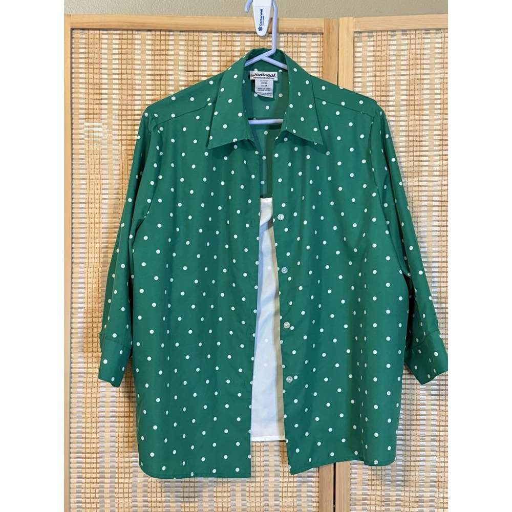 National Womens 1X Green Polka Dot 3/4 Sleeve Button Up Retro Grannycore Vintage